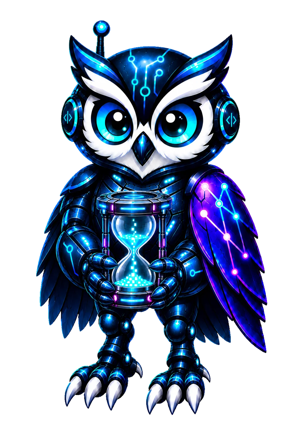 Nib, the NerdByte Labs owl, holding a glowing hourglass